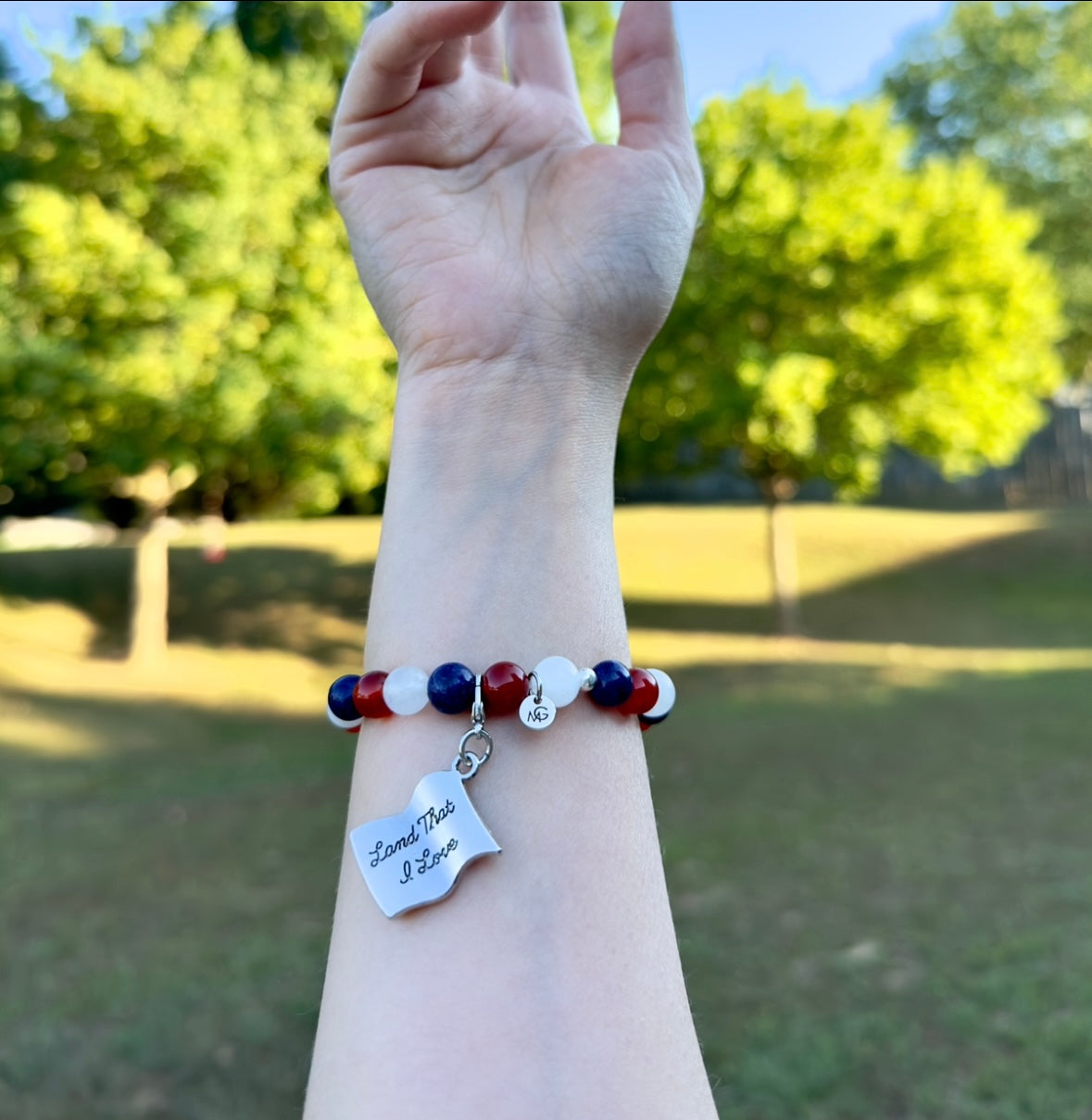 4th of July Design Lapis Lazuli-Red Agate-White Quartz W/ US Flag Charm