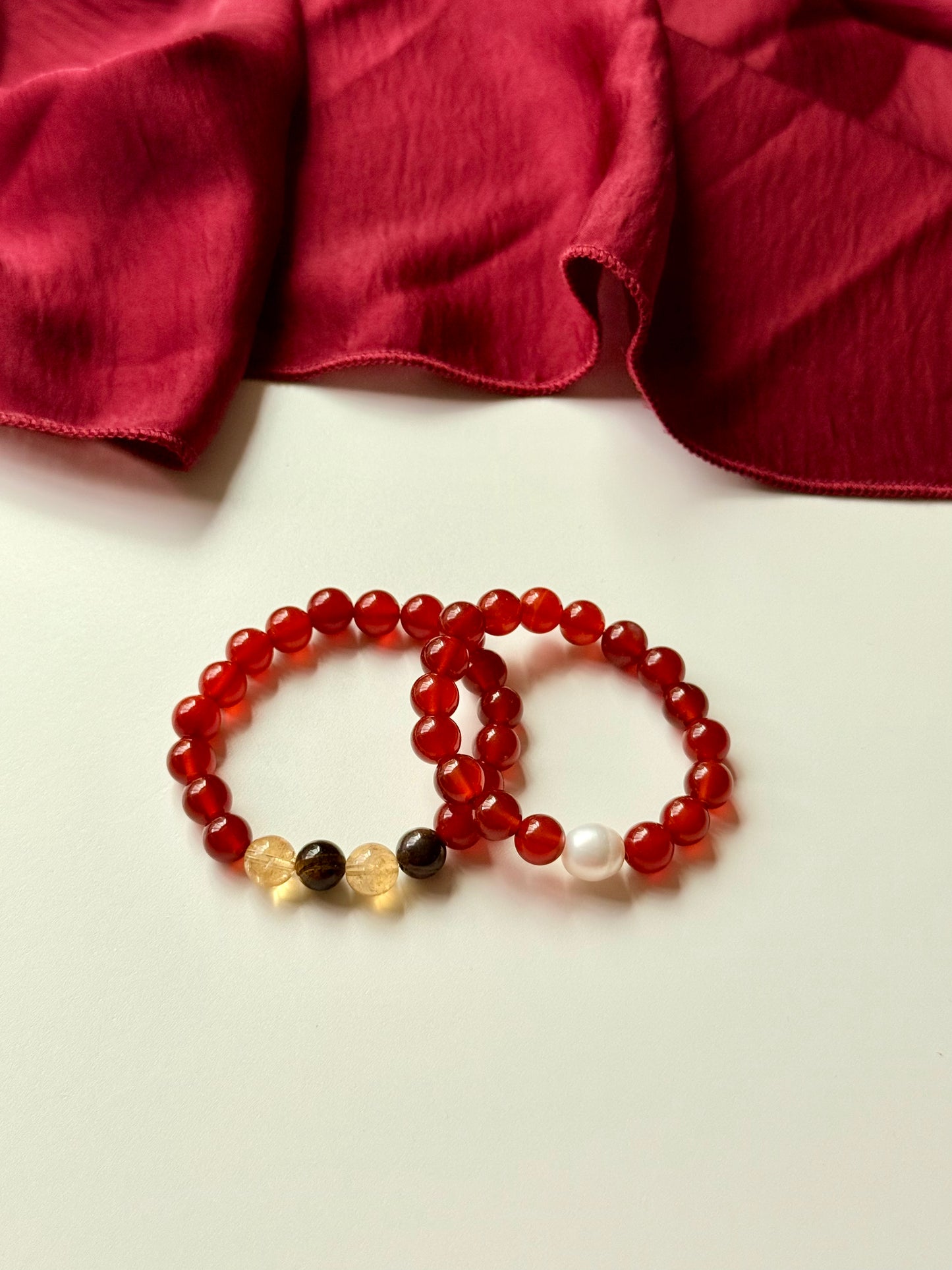 Red Agate - Natural Pearl - Tiger Eye - Citrine Family Bracelet Set