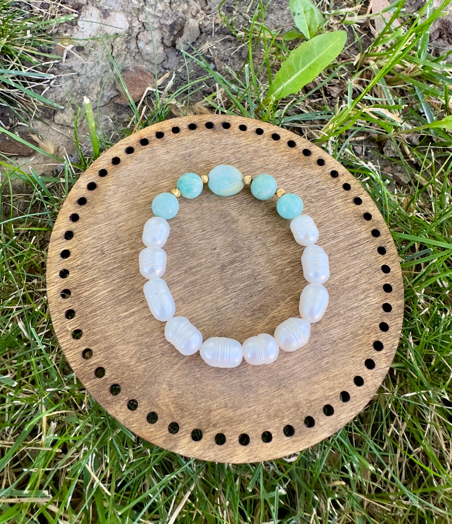 Amazonite - Pearl Bracelet with golden 21-K spacers