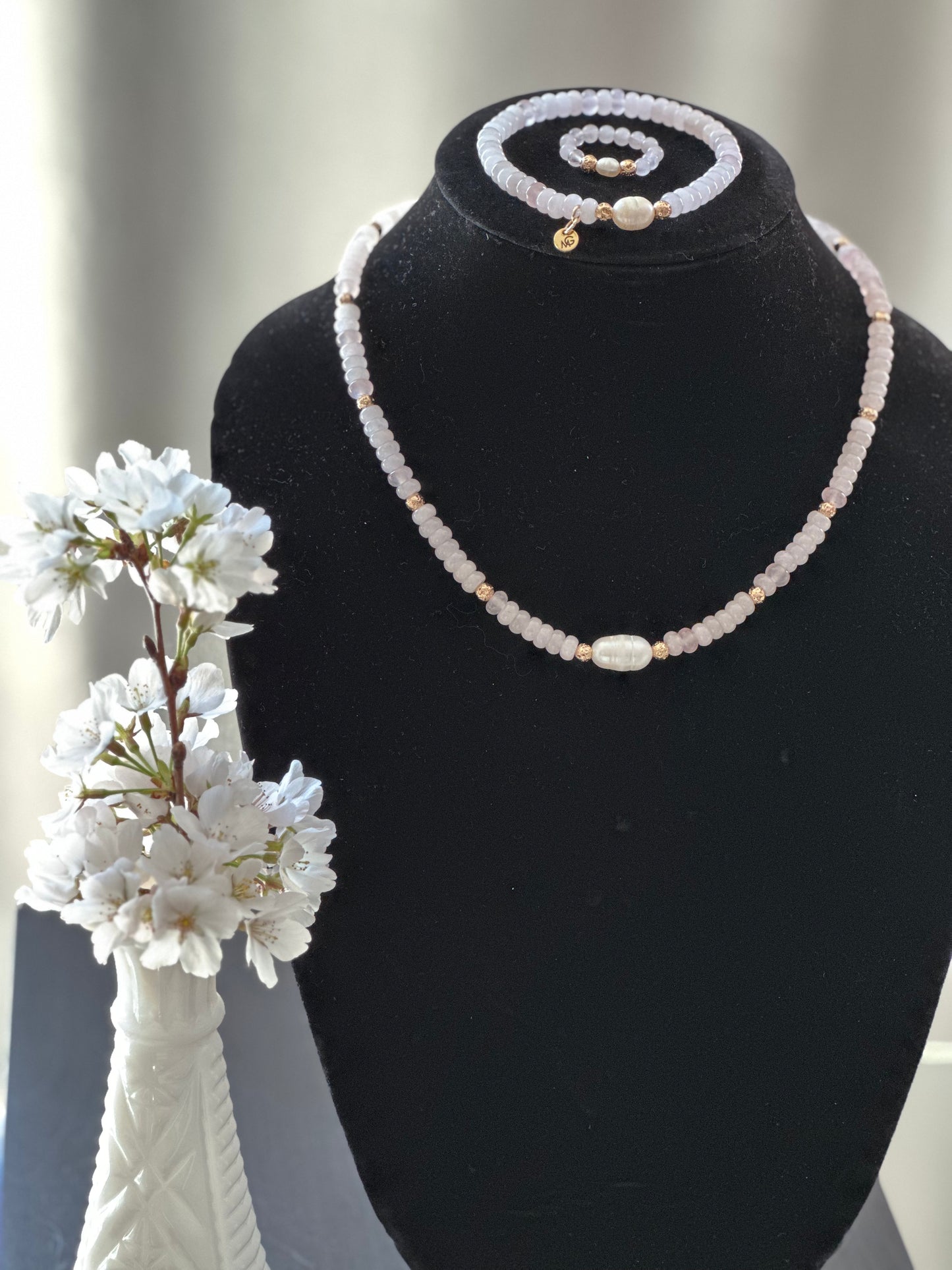 Rose Quartz Set: Necklace, Bracelet, Ring