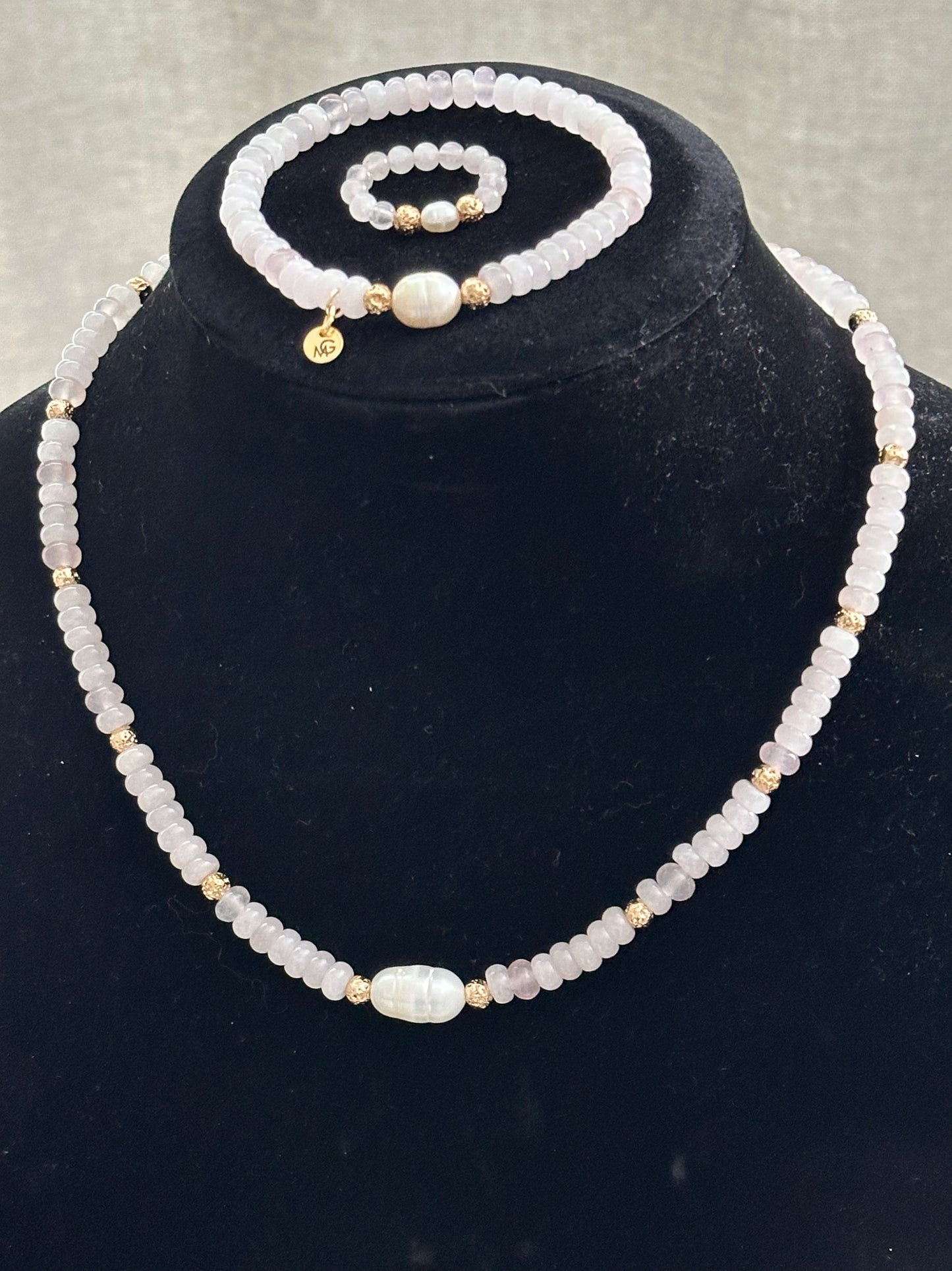 Rose Quartz Set: Necklace, Bracelet, Ring