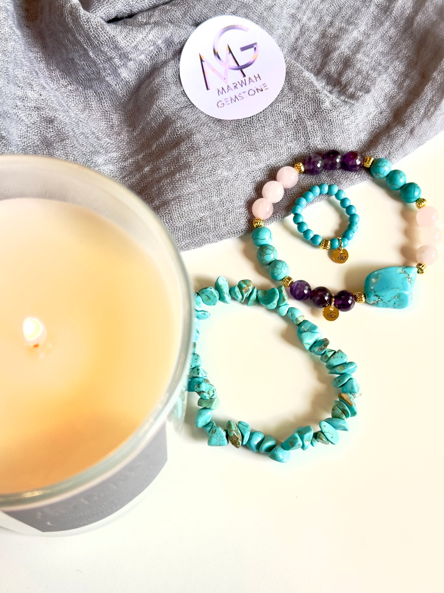 طقم خاتم من الفيروز المشقوق + الفيروز-الكوارتز الوردي-الجمشت + الفيروز