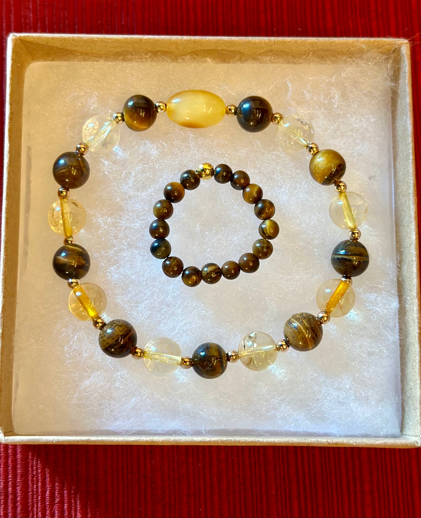 Amber - Tiger eye - Citrine Bracelet + Tiger eye Ring Set