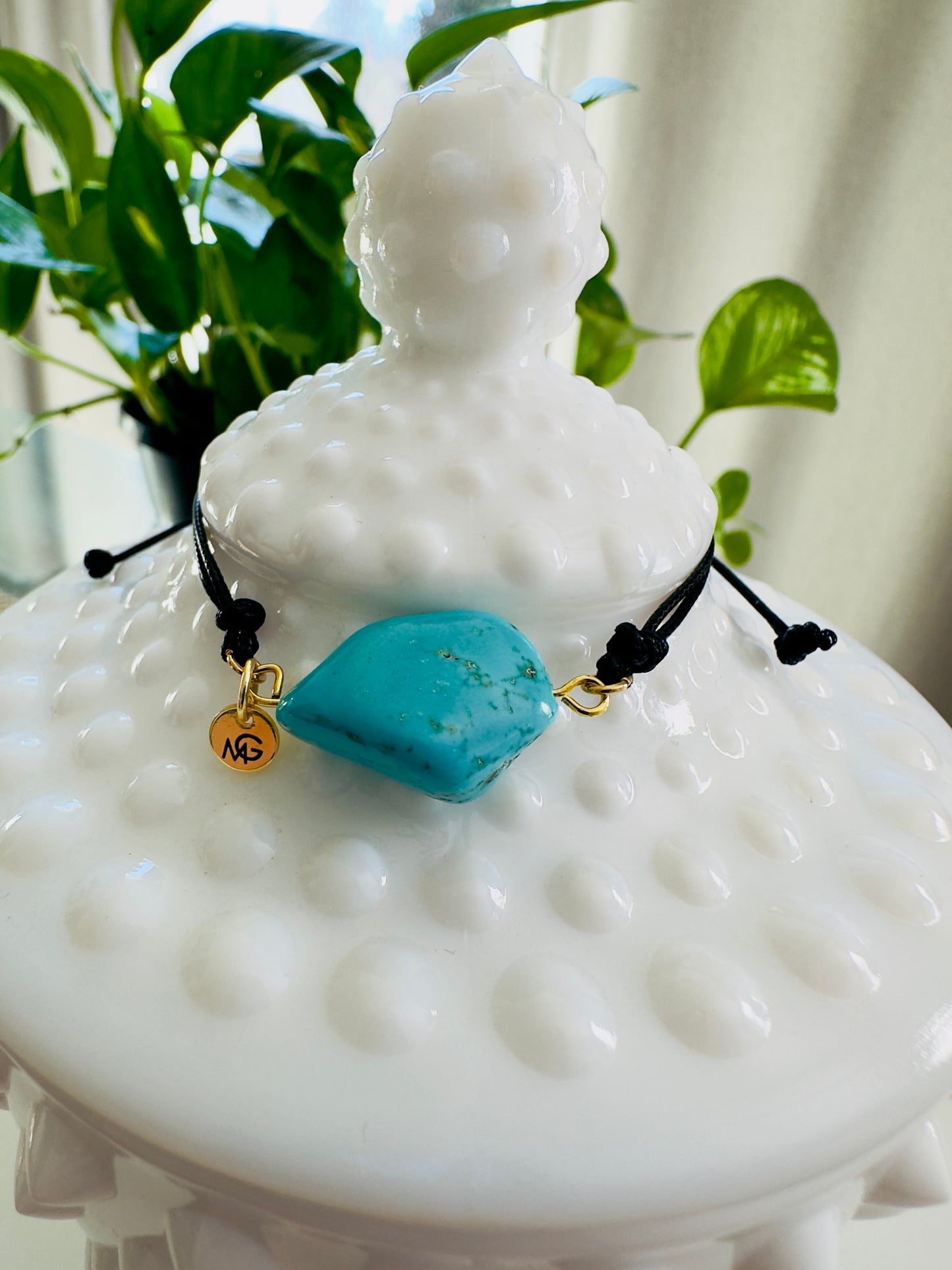 Adjustable Raw Turquoise Black Leather Bracelet