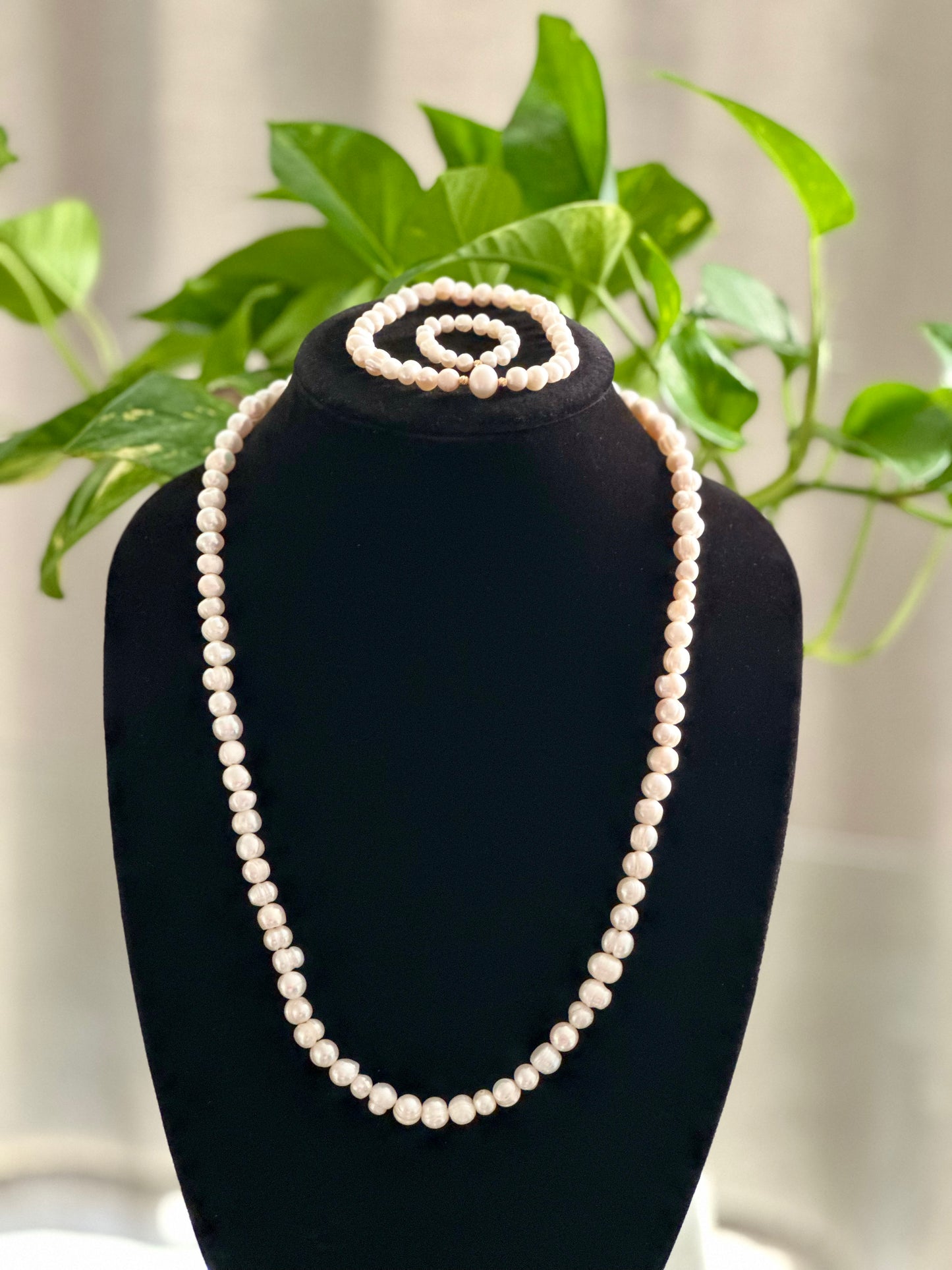 Freshwater Pearl Set: Necklace, Bracelet, Ring W/ 21-K Spacers and Lock