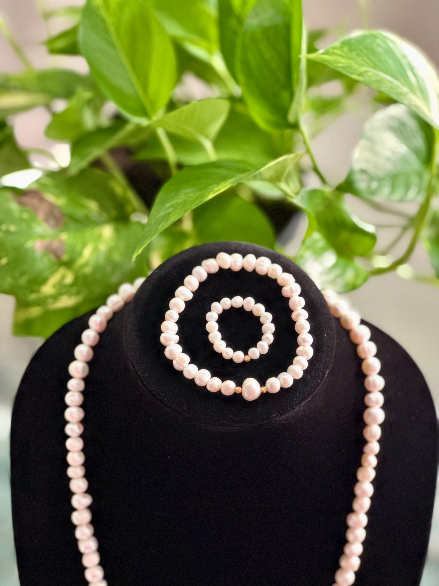 Freshwater Pearl Set: Necklace, Bracelet, Ring W/ 21-K Spacers and Lock