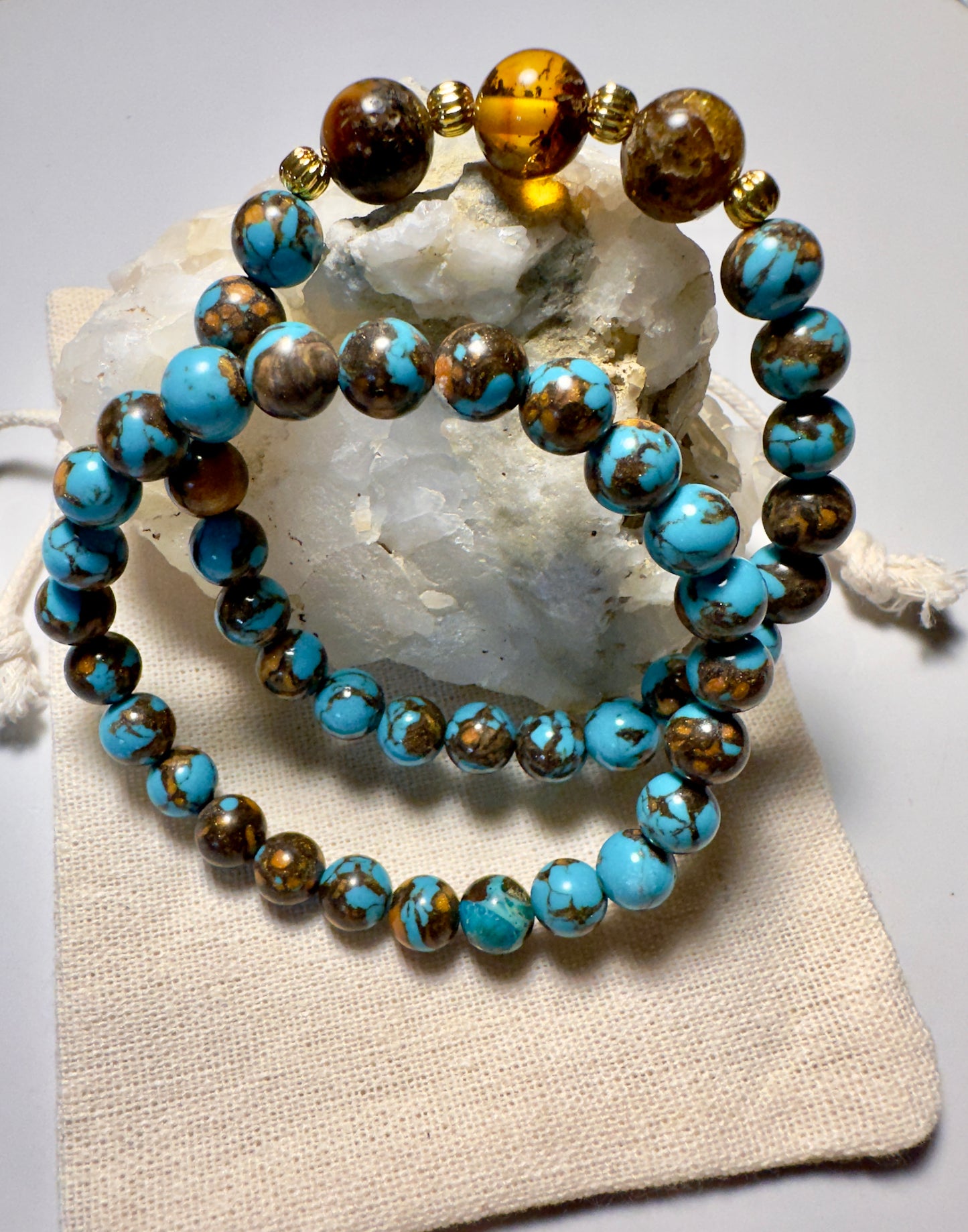 Turquoise (Man) + Turquoise-Amber (Woman) Bracelet Set