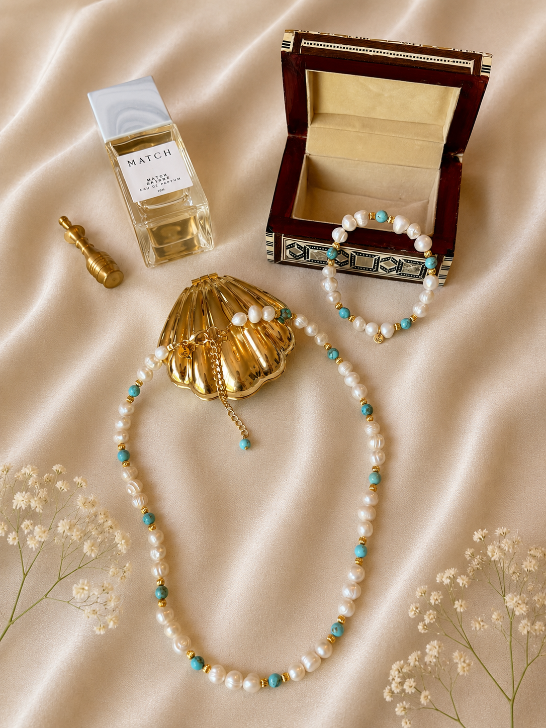 Natural Pearl - Turquoise Bracelet and Necklace Set