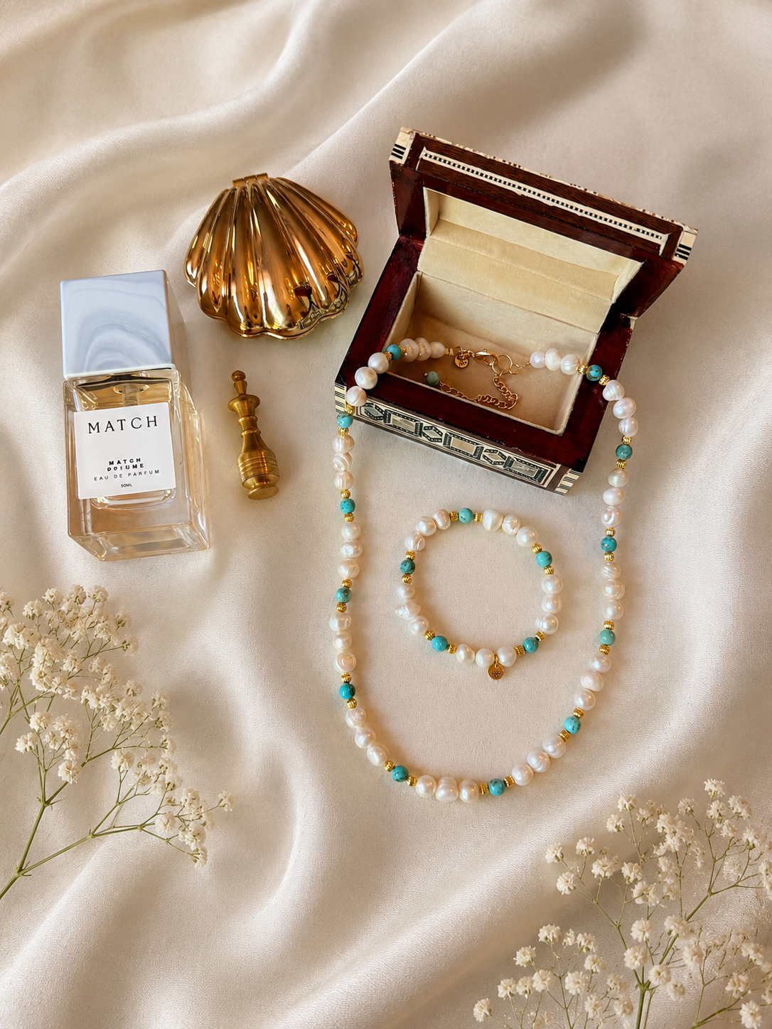 Natural Pearl - Turquoise Bracelet and Necklace Set