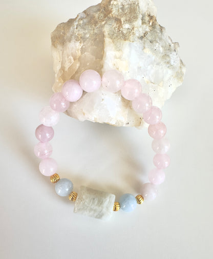 Rose Quartz-Aquamarine-Raw Moonstone Bracelet