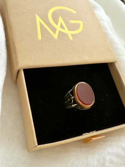 Men's Red Agate Silver 925 Ring with Handmade Design