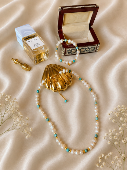 Natural Pearl - Turquoise Bracelet and Necklace Set