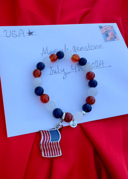 4th of July Design Lapis Lazuli-Red Agate-White Quartz W/ US Flag Charm