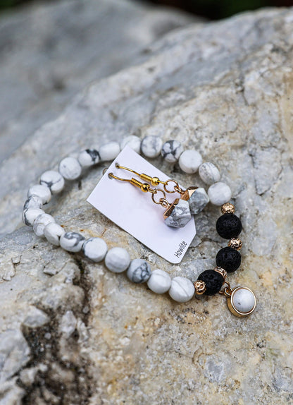 Howlite-Lava Blacelet w/charm + Howlite Earrings