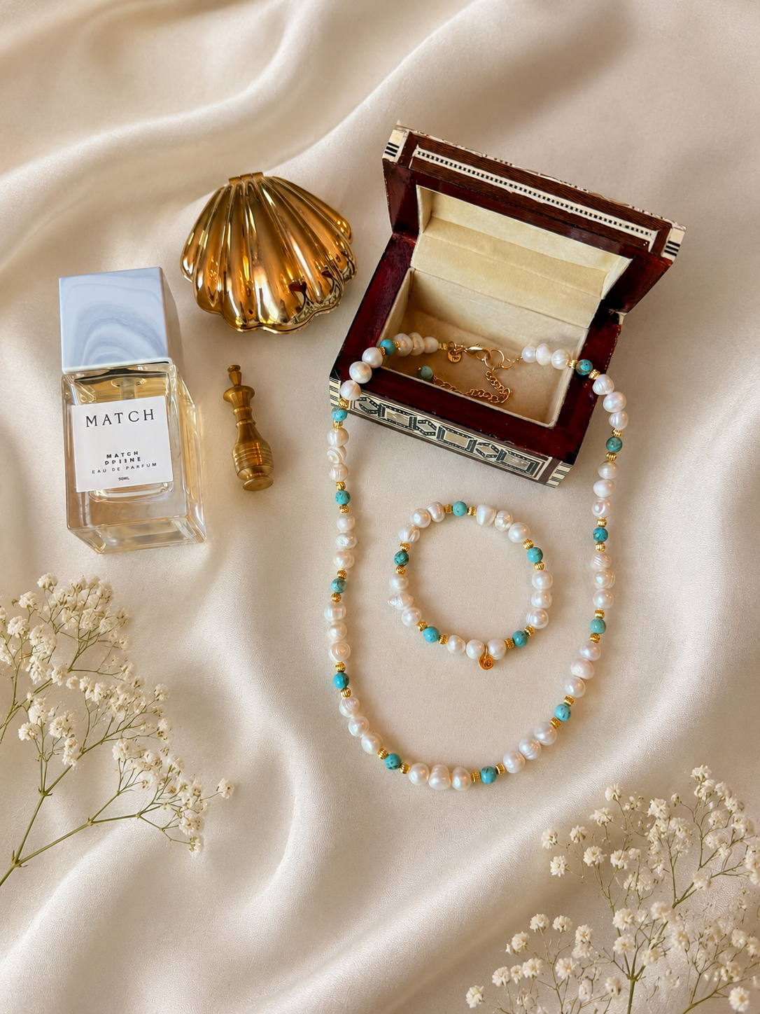 Natural Pearl - Turquoise Bracelet and Necklace Set