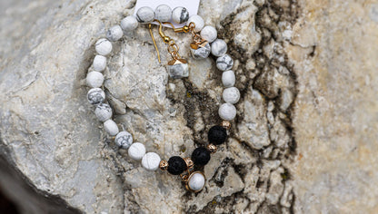 Howlite-Lava Blacelet w/charm + Howlite Earrings