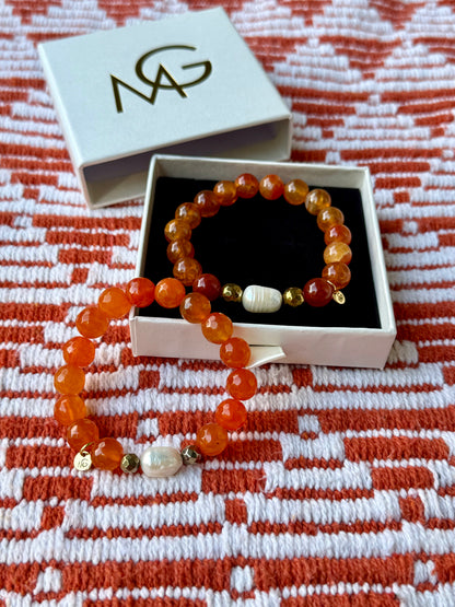 Faceted and Regular Fire Agate - Natural Pearl Bracelets