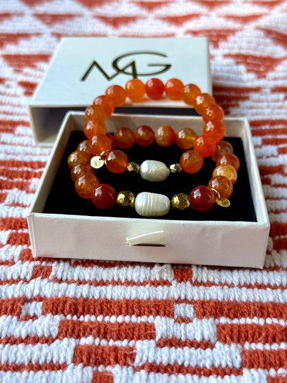 Faceted and Regular Fire Agate - Natural Pearl Bracelets