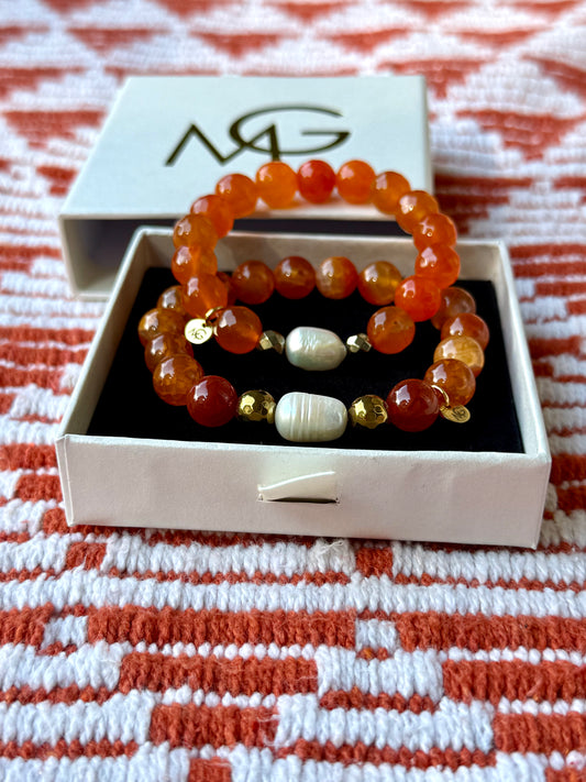 Faceted and Regular Fire Agate - Natural Pearl Bracelets