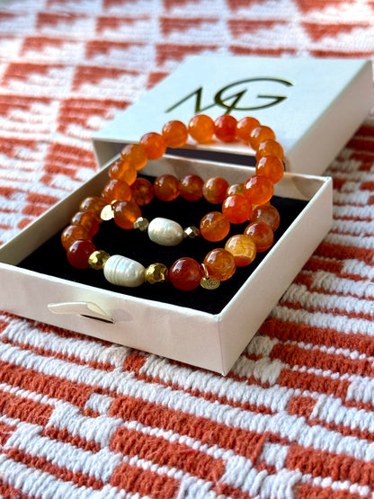 Faceted and Regular Fire Agate - Natural Pearl Bracelets