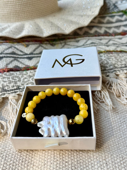 Dalmatian Yellow Jasper - Natural Pearl Bracelet