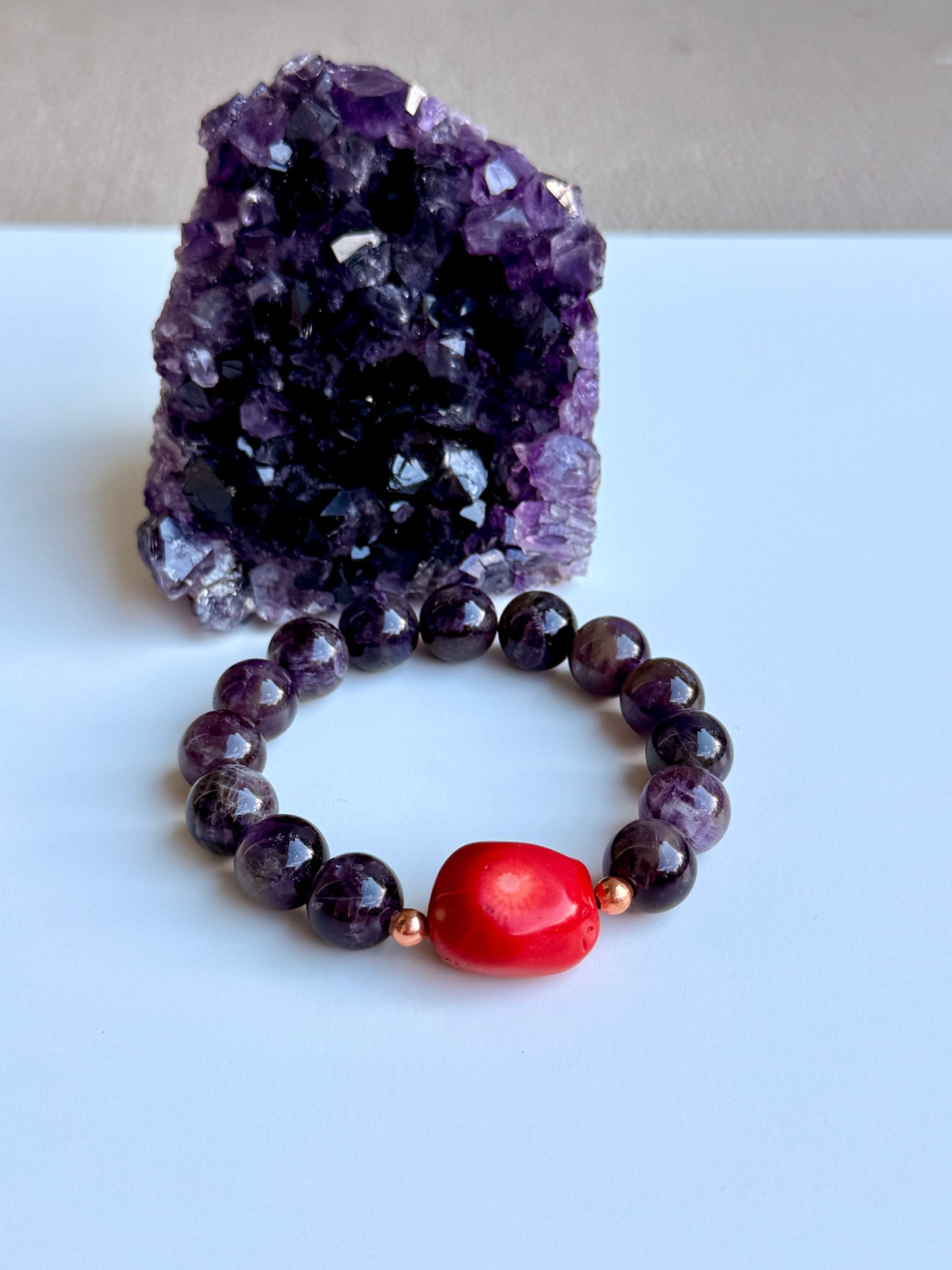 Amethyst - Natural Coral Bracelet with Copper Spacers