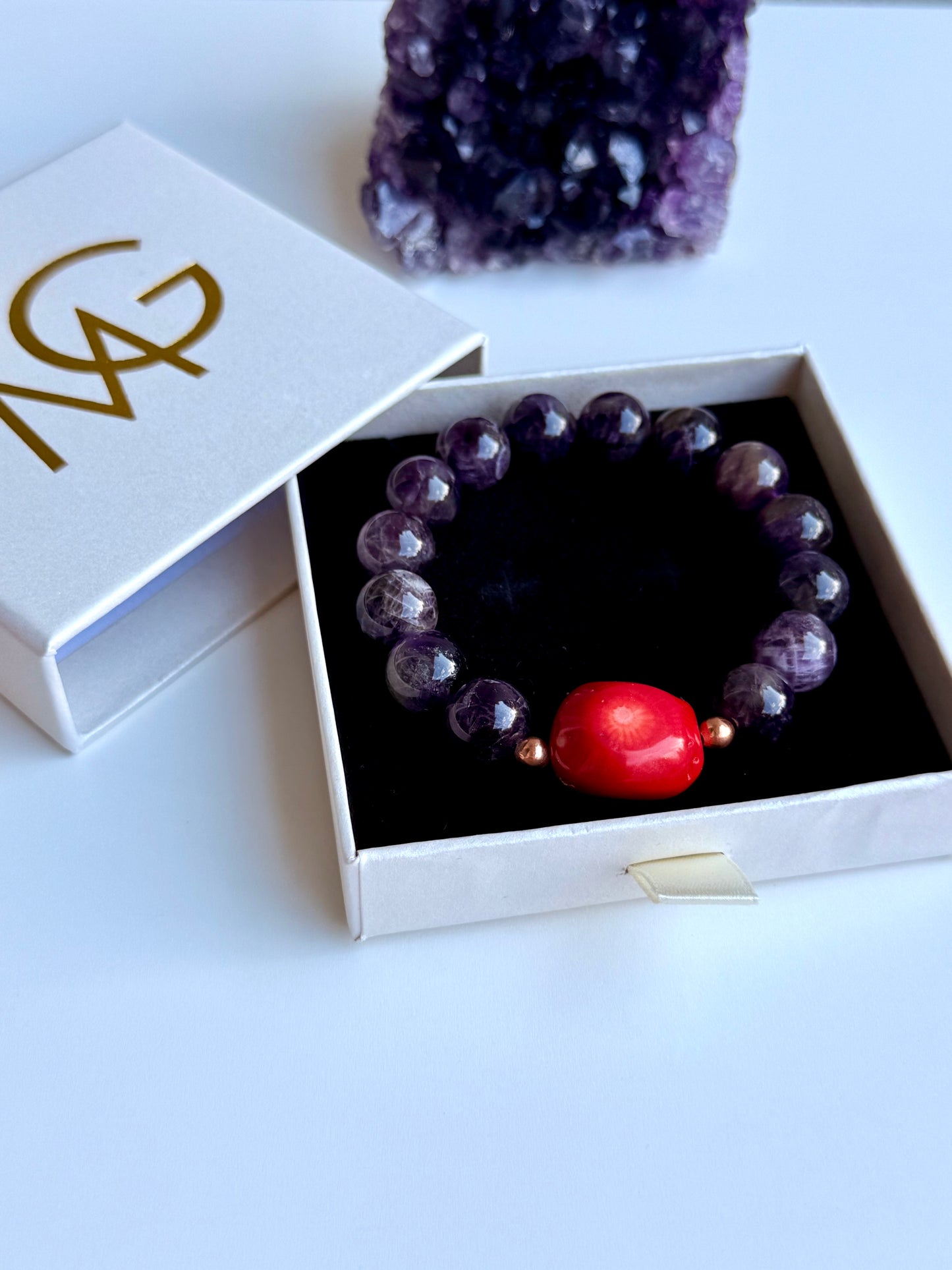 Amethyst - Natural Coral Bracelet with Copper Spacers