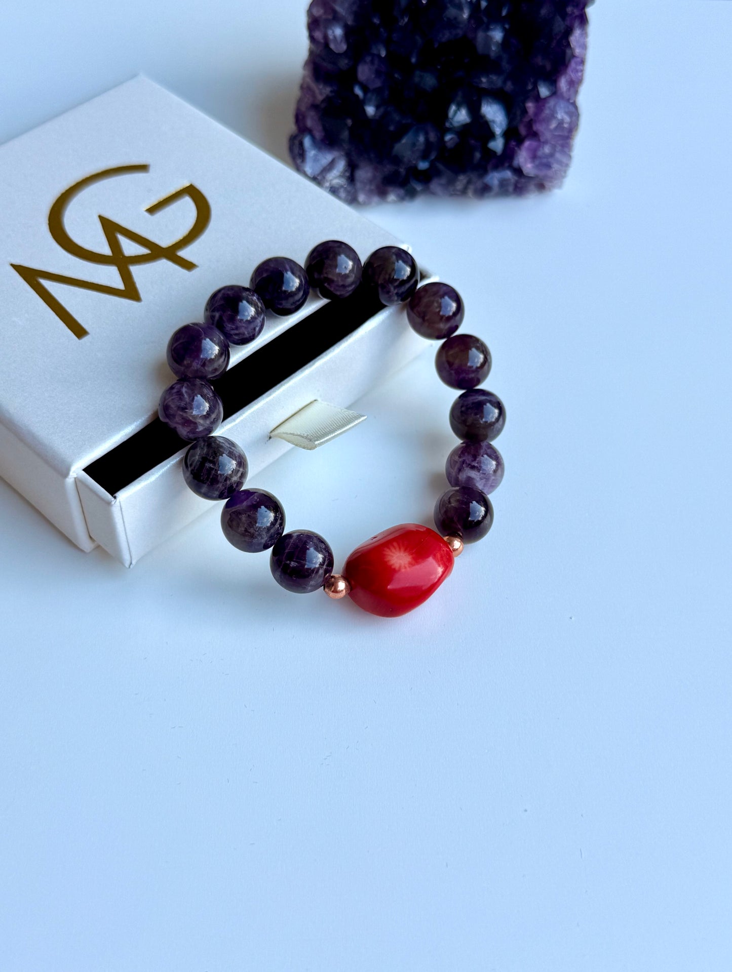 Amethyst - Natural Coral Bracelet with Copper Spacers