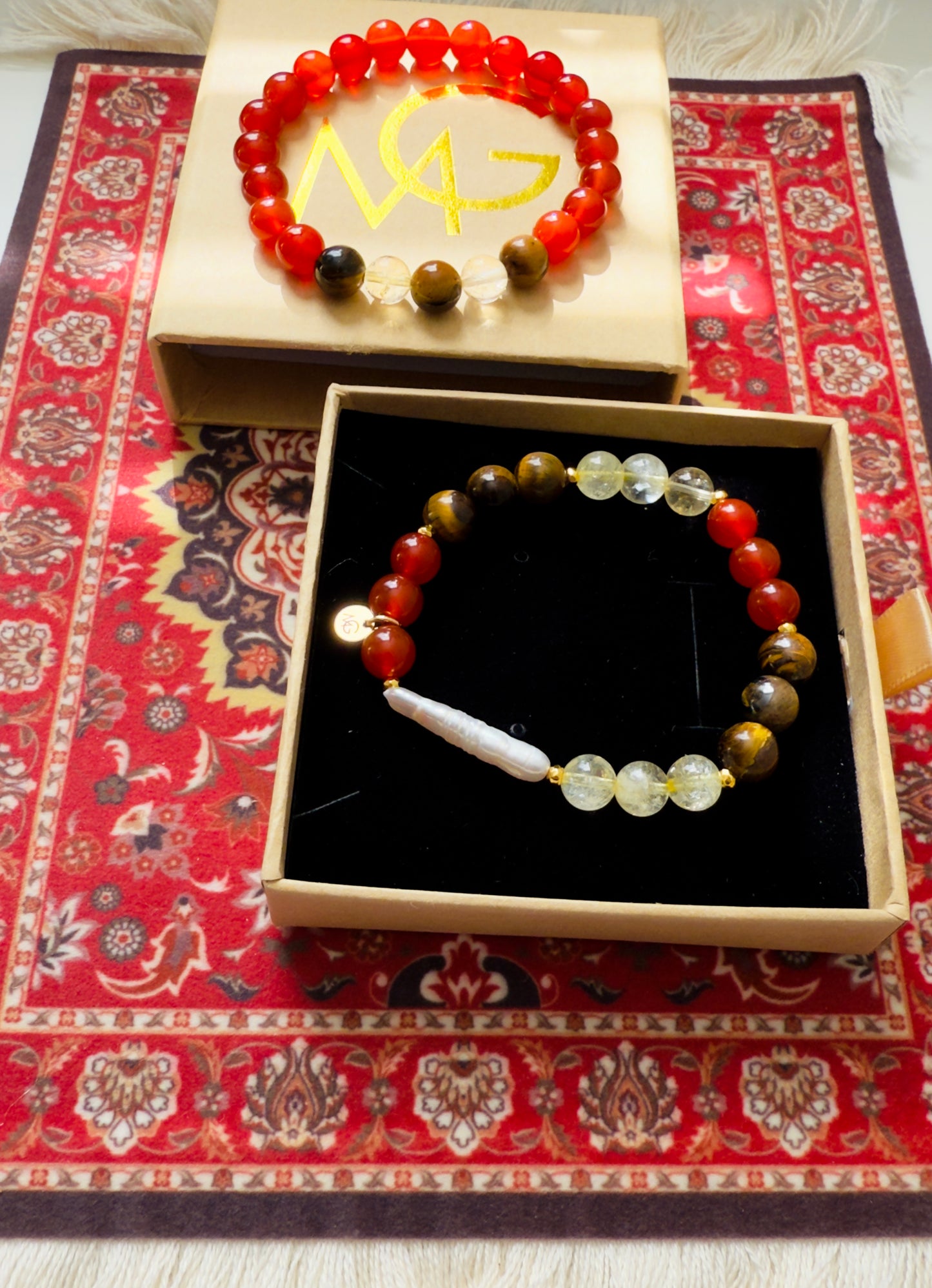 Red Agate - Citrine - Tiger Eye - Freshwater Pearl Twin Bracelet Set