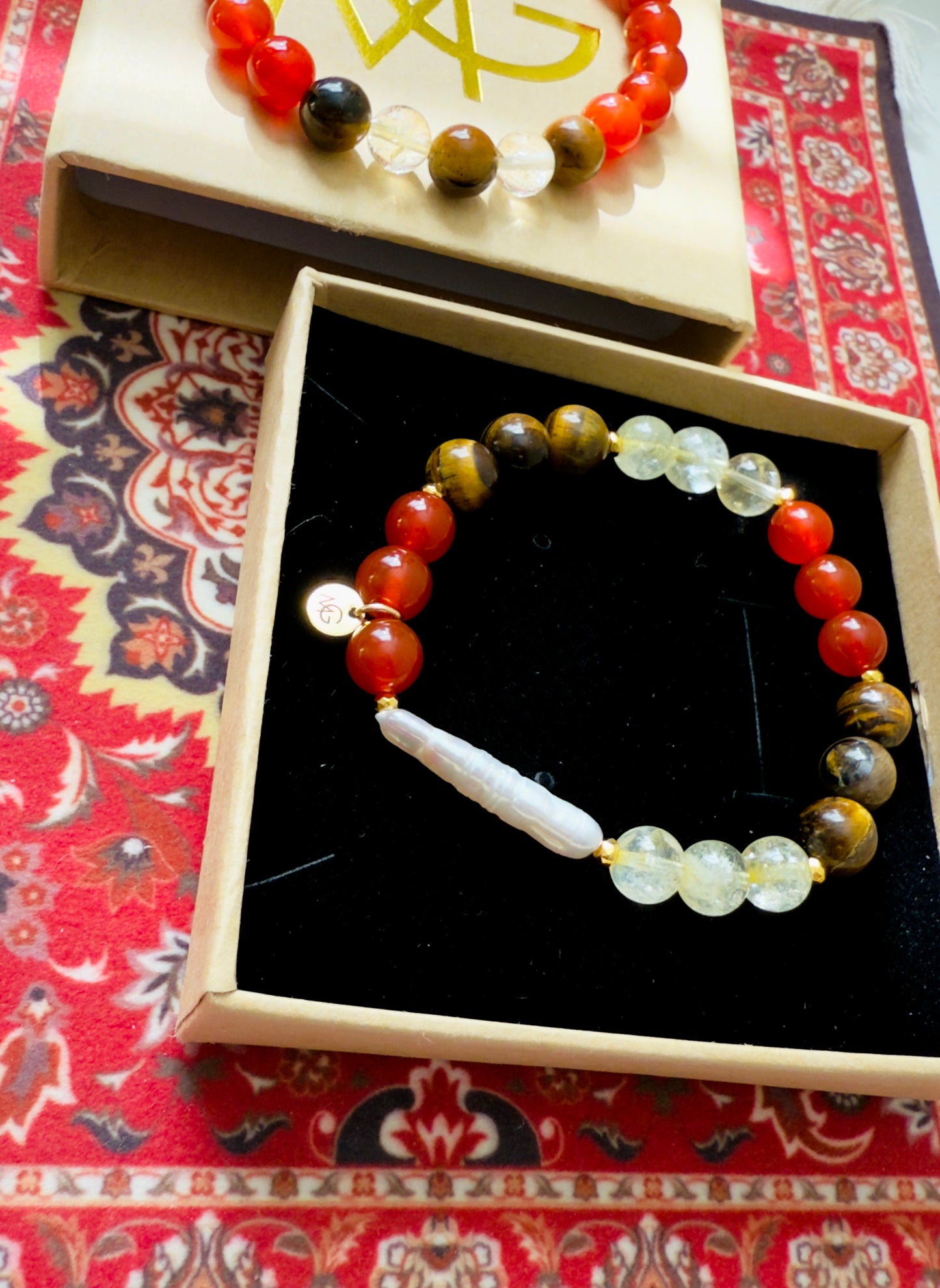 Red Agate - Citrine - Tiger Eye - Freshwater Pearl Twin Bracelet Set