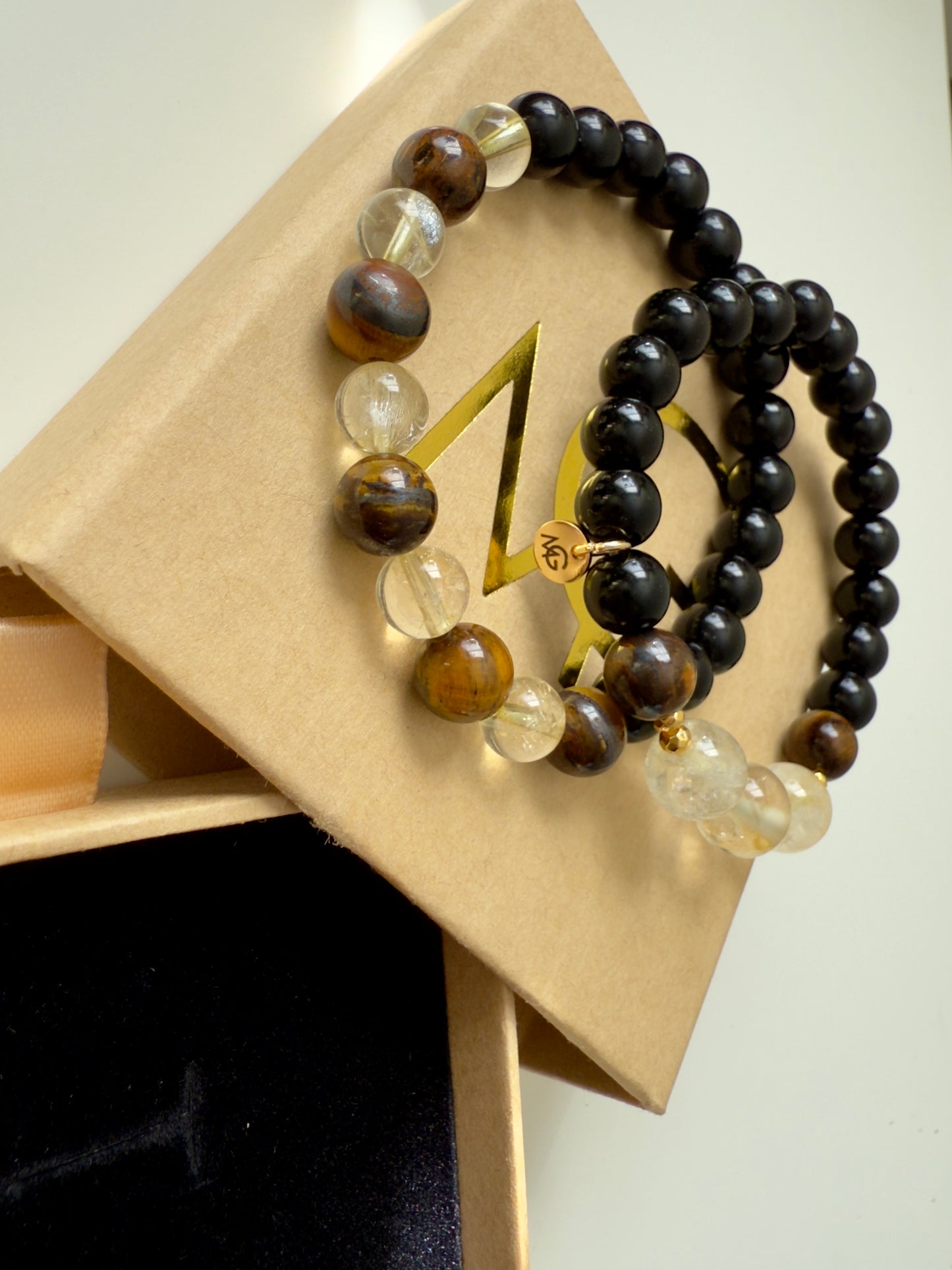 Black Agate - Citrine - Tiger Eye Twin Bracelets Set