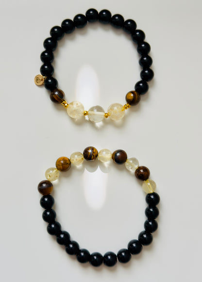 Black Agate - Citrine - Tiger Eye Twin Bracelets Set