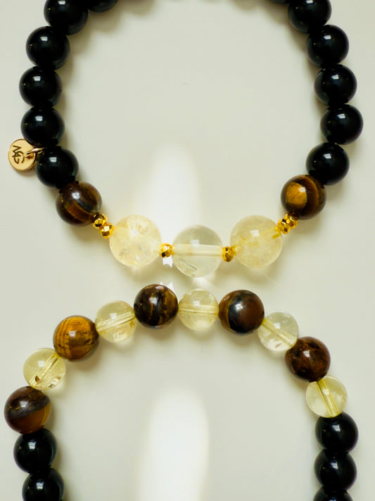 Black Agate - Citrine - Tiger Eye Twin Bracelets Set
