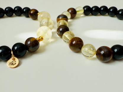 Black Agate - Citrine - Tiger Eye Twin Bracelets Set