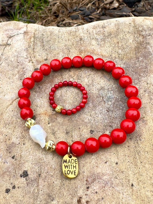 !!!NEW ADDITION!!! Round Beaded Natural Red Coral-Pearl Bracelet W/ Golden Plated Charm + Ring