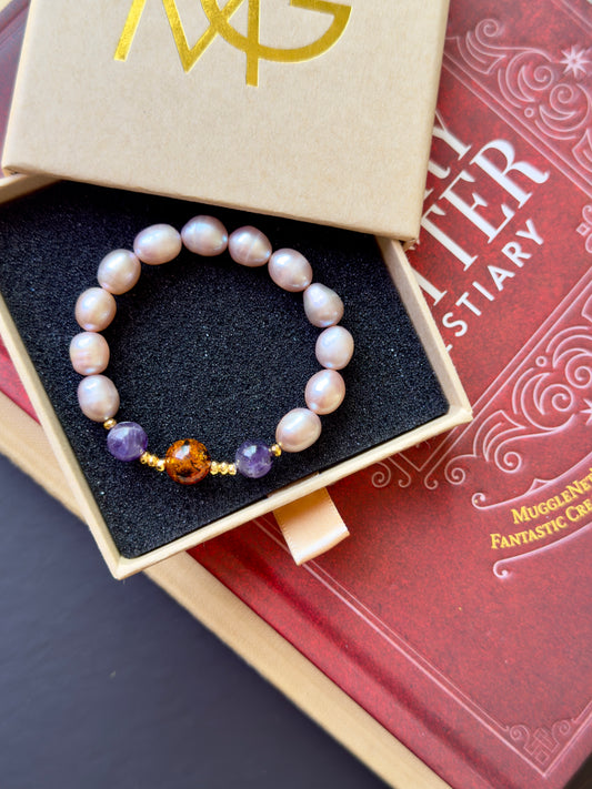 Freshwater Pearl - Amethyst - Amber Bracelet with Hematite Spacers