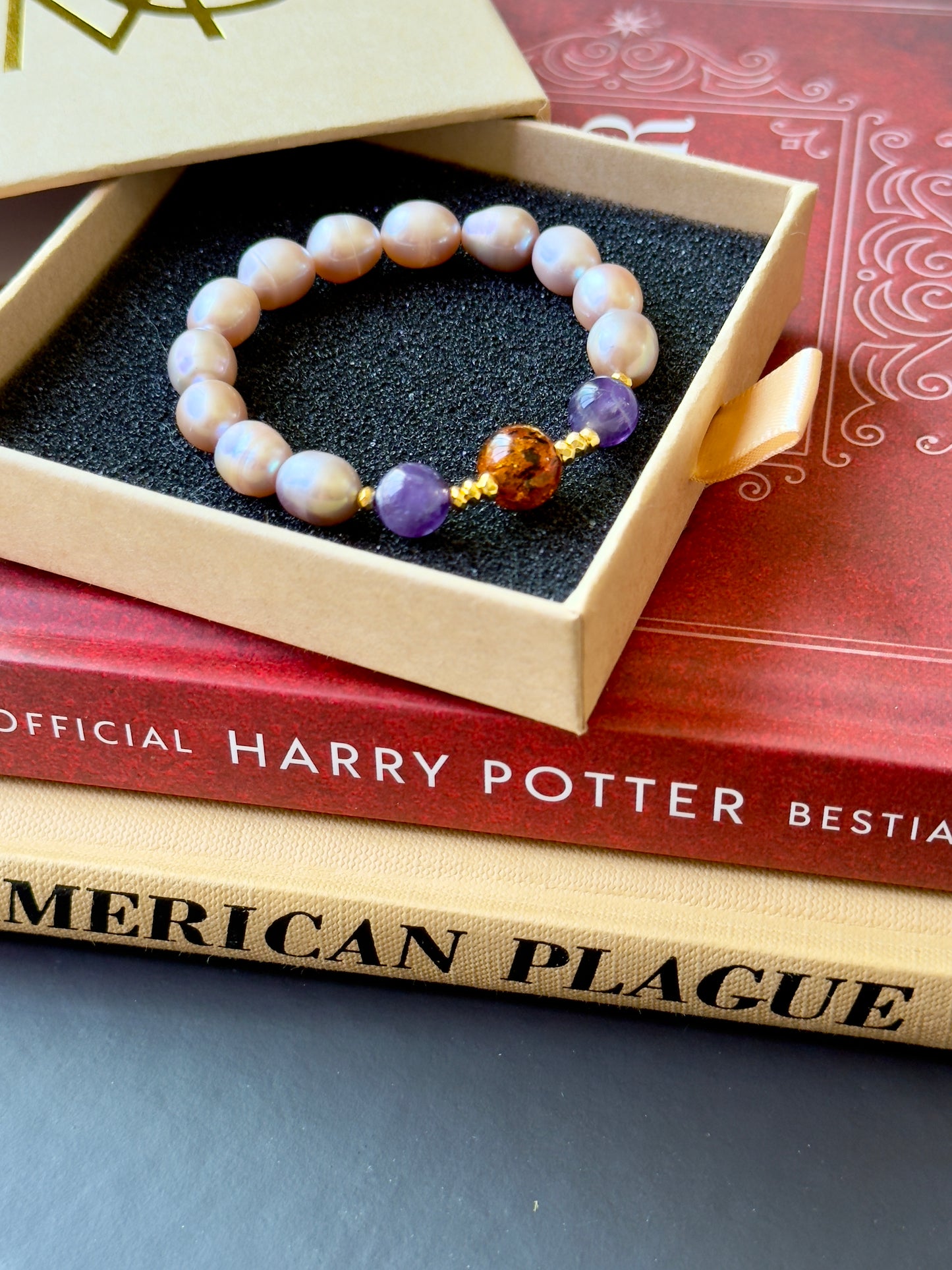 Freshwater Pearl - Amethyst - Amber Bracelet with Hematite Spacers