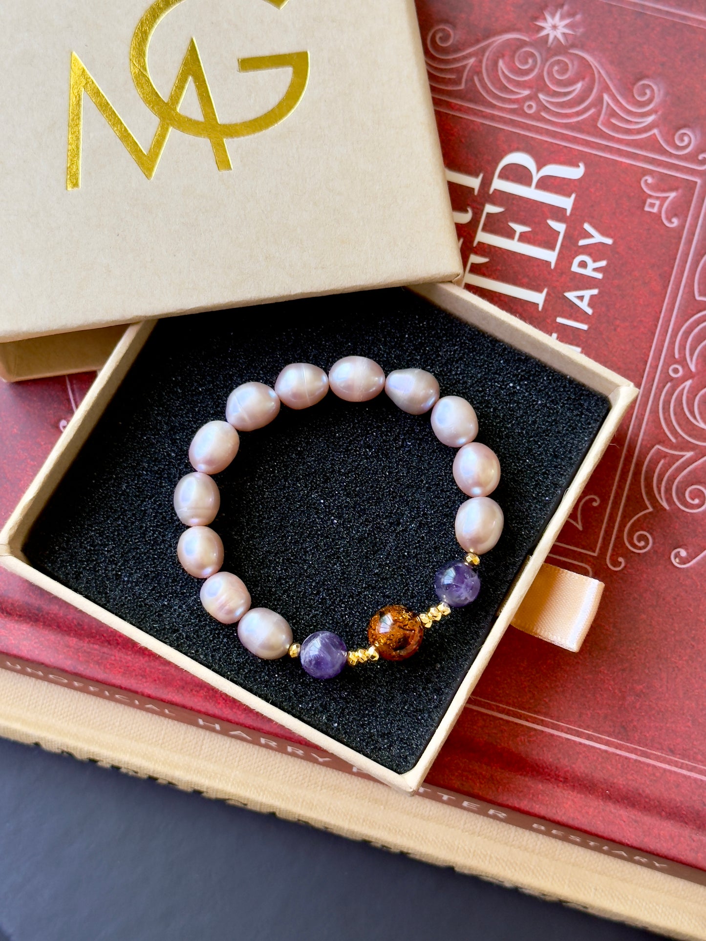 Freshwater Pearl - Amethyst - Amber Bracelet with Hematite Spacers