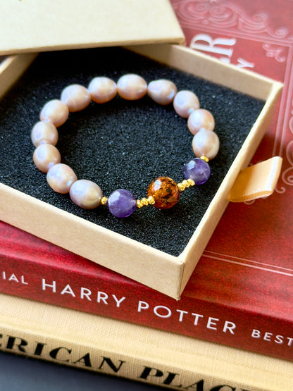 Freshwater Pearl - Amethyst - Amber Bracelet with Hematite Spacers