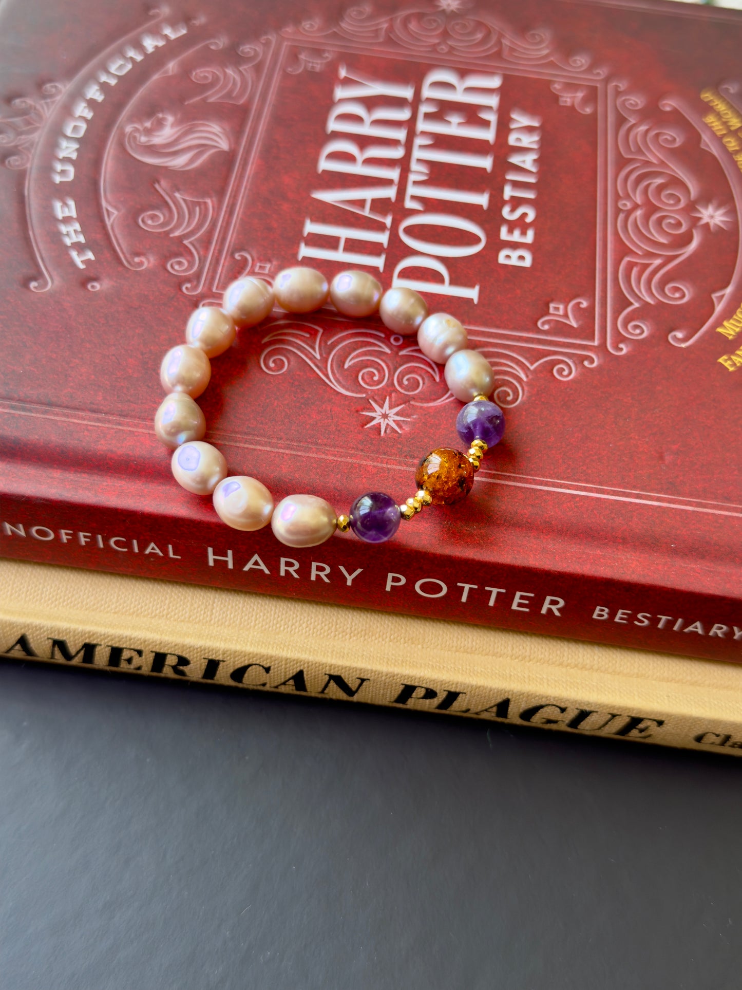 Freshwater Pearl - Amethyst - Amber Bracelet with Hematite Spacers