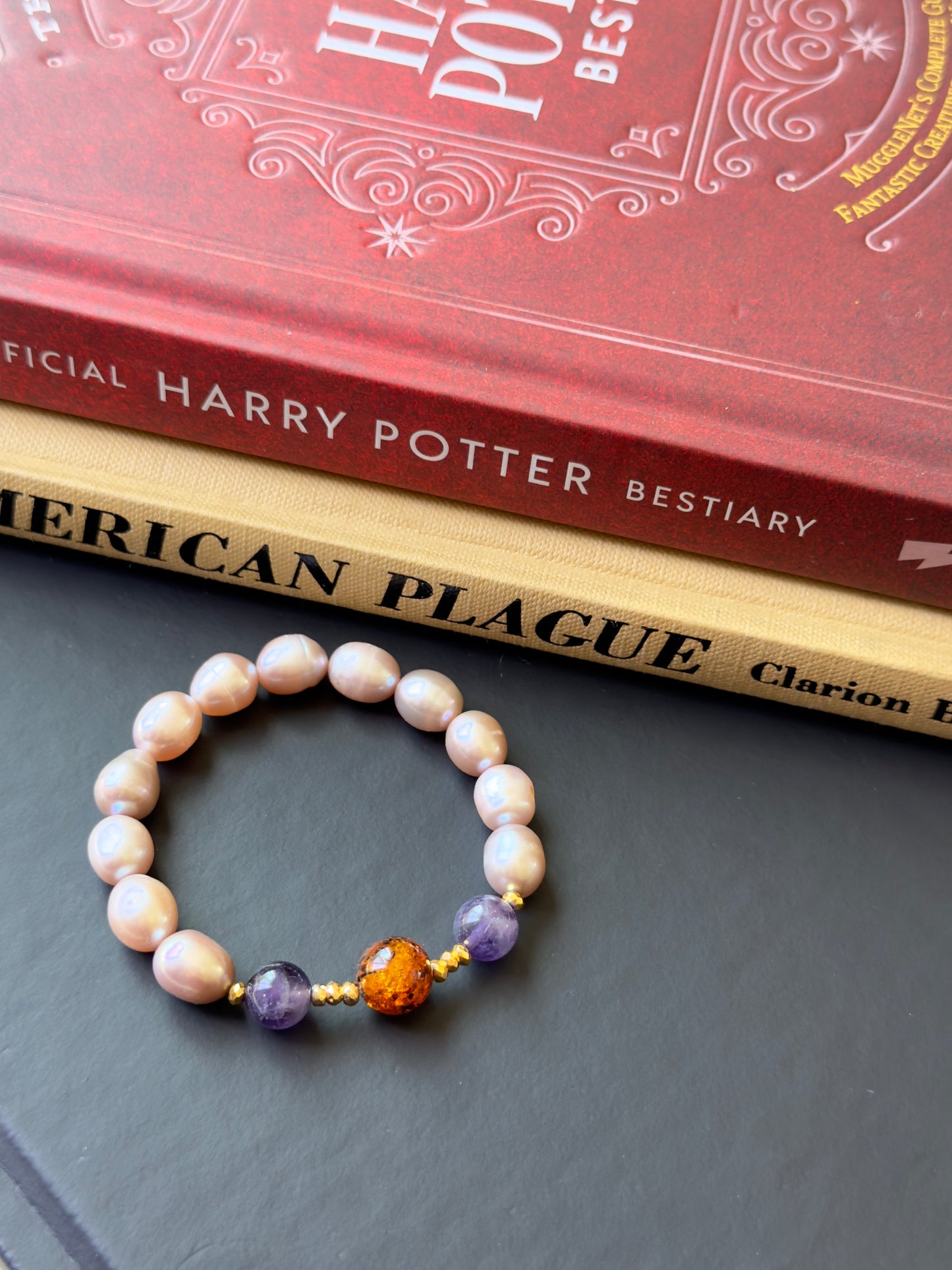 Freshwater Pearl - Amethyst - Amber Bracelet with Hematite Spacers