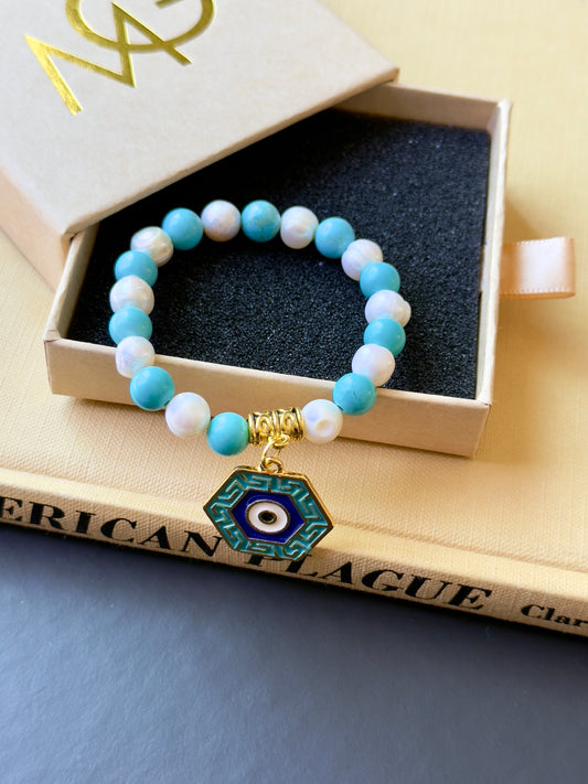 Freshwater Pearl - Turquoise Bracelet with Eye Charm