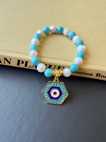 Freshwater Pearl - Turquoise Bracelet with Eye Charm