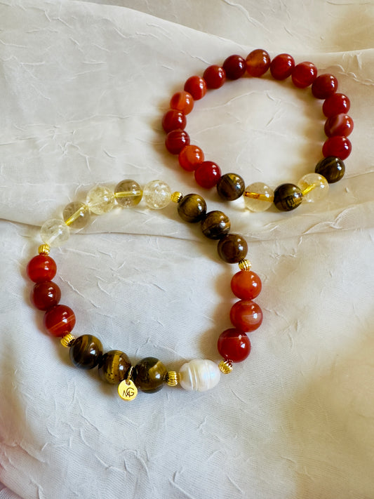 Tiger Eye-Citrine-Red Agate Bracelets Man+Woman Set