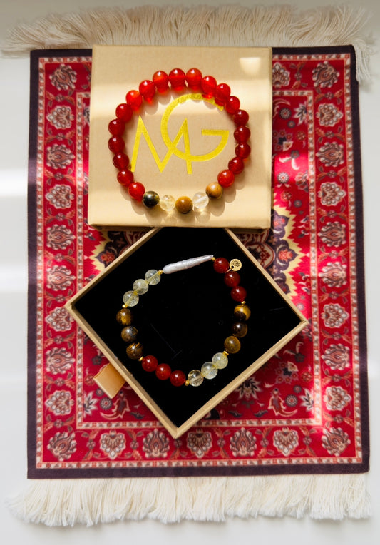 Red Agate - Citrine - Tiger Eye - Freshwater Pearl Twin Bracelet Set