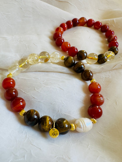 Tiger Eye-Citrine-Red Agate Bracelets Man+Woman Set