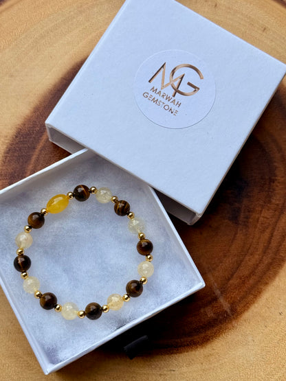 Amber - Tiger eye - Citrine Bracelet with Tiger eye Ring
