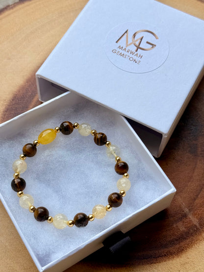 Amber - Tiger eye - Citrine Bracelet with Tiger eye Ring