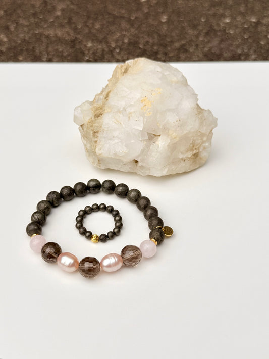 Pyrite - Smokey Quartz - Rose Quartz - Natural Pink Pearl Bracelet with Ring