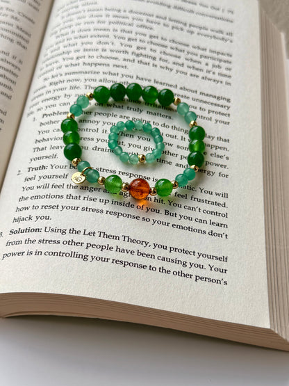 Green Aventurine - Green Jade - Natural Amber Bracelet with Green Aventurine Ring